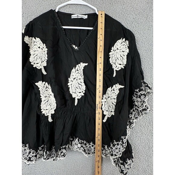Rancho Estancia Womens Shirt L Black Embroidered Feathers Blouse Top Tunic - Picture 4 of 10